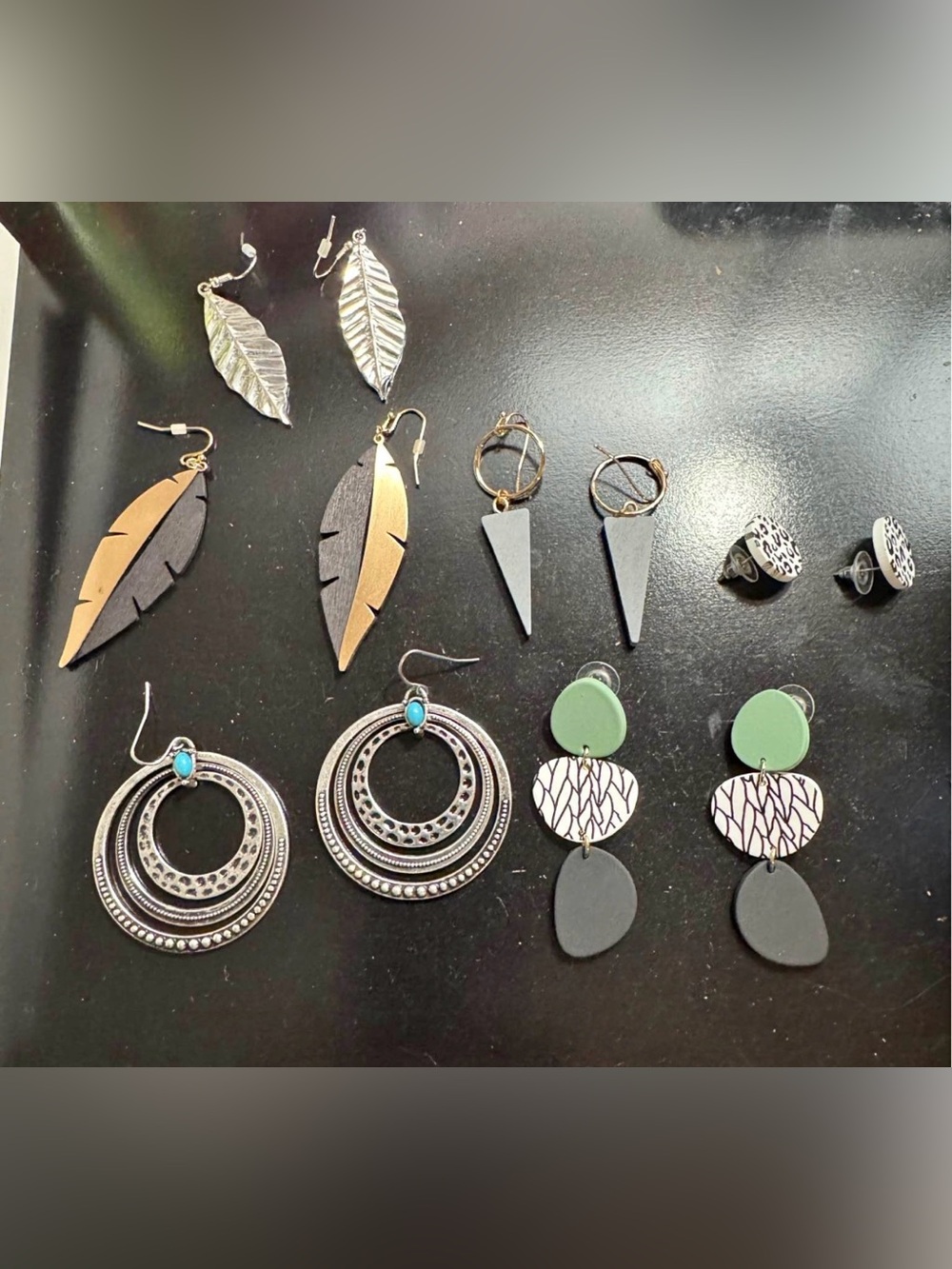 Green, Black and White Triple-Disc Drop Earrings - Unbranded